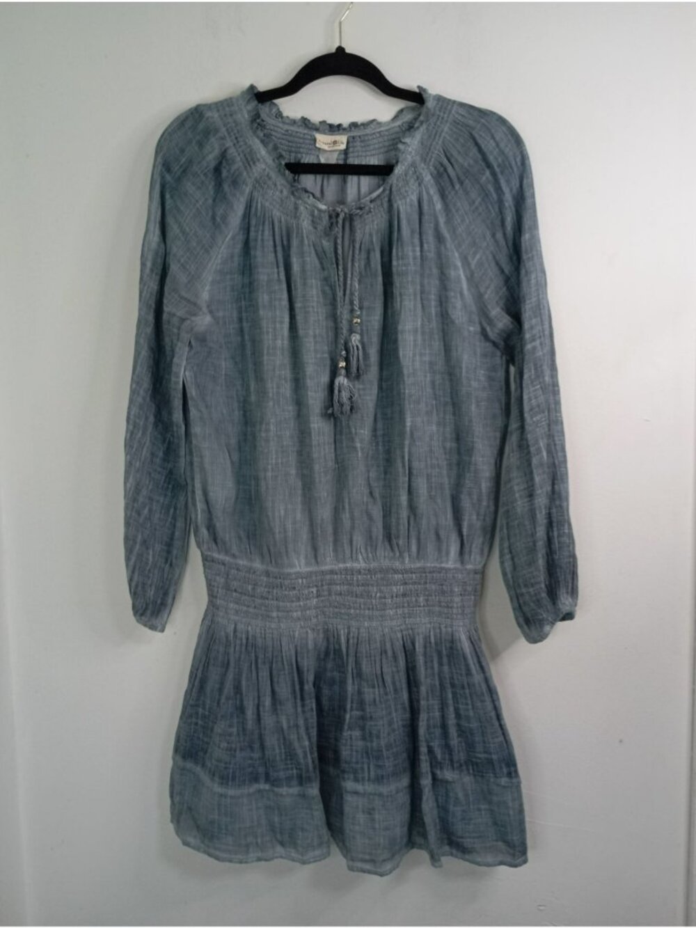 Natural Life Womens Blue Smocked Peasant Dress Tassels 100% Cotton Long Sleeve